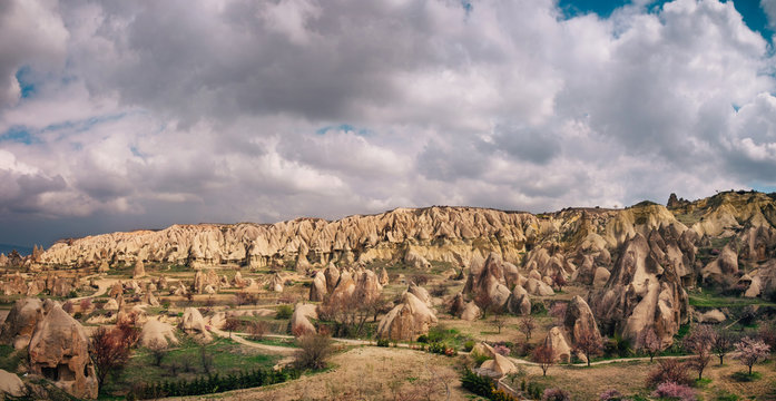 Colorful Rose valley in Cappadocia landscape with dramatic sky