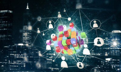 Concept of Internet and networking with digital cube figure on d