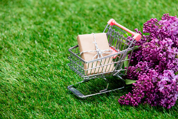 gift in shopping cart and bouquet