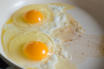 Fried eggs on the white ceramic pan
