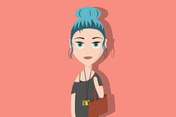 Hipster cartoon character. Woman with blue hair carrying a big hand bag. Flat vector illustration.