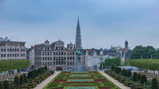 Brussels city skyline day to night timelapse at Mont des Arts Garden, Brussels, Belgium, 4K Time lapse