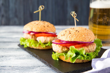 Homemade healthy Turkey Burger with Lettuce and Tomato. selective focus