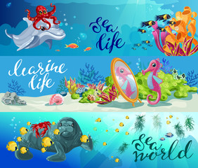 Naklejka na ściany i meble Cartoon Colorful Sea Animals Horizontal Banners