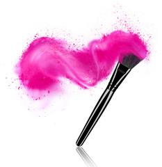 Make up brush with powder splash isolated on white background