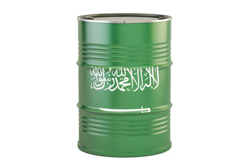 Oil barrel with flag of Saudi Arabia. Oil production and trade concept, 3D rendering