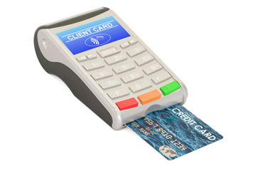 POS-terminal with credit card closeup, 3D rendering