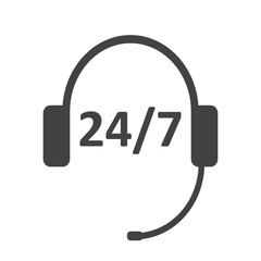 Black headphones garniture with microphone icon. Call center 24/7 icon. Flat style. Vector illustration