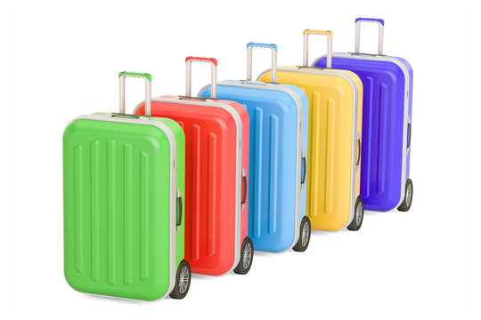 Row of luggage, colorful suitcases. 3D rendering