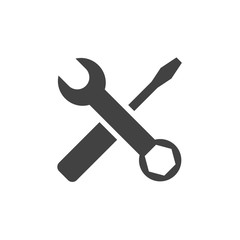 Black screwdriver and wrench crossed icon. Flat style. Vector illustration