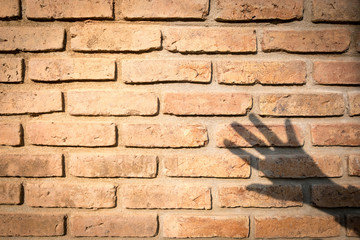 orange brown old brick wall texture with hand shadow. concept Background for design.