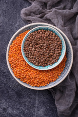 Bowls with red and black lentils