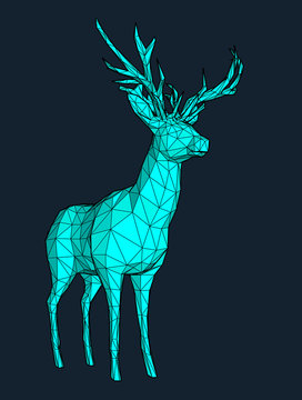 Deer illustration with a low poly blue color in wire frame style