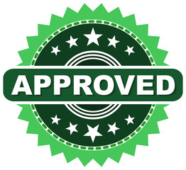 Approved seal, green rounded stamp with some stars and the write Approved on center, approval stamp.