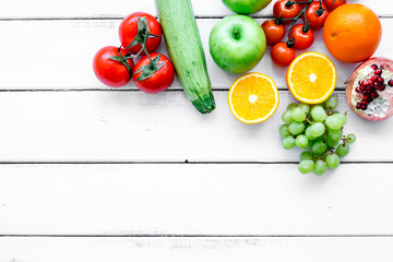 summer food with fresh fruits and vegetables top view space for text