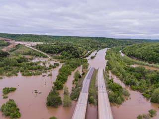 JEROME, MO/USA May 1, 2017:  Flood waters submerge Interstate 44 in Jerome, Missouri