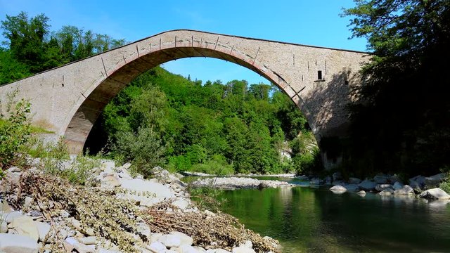 Renaissance humpback bridge with single span on quiet river in spring near Bologna