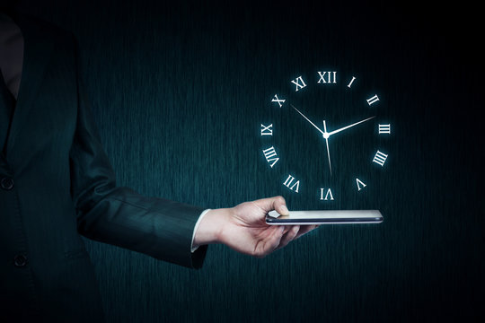man hand phone with  clock