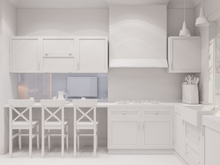 3d illustration of the kitchen interior design in Scandinavian classical style. Interior without textures and materials.
