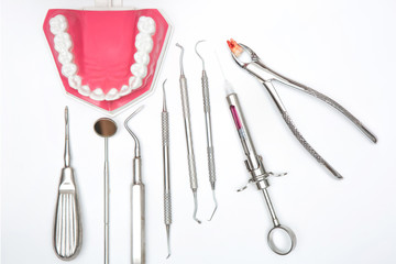 dental model and dental tool on white background