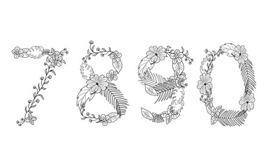 Tropical floral alphabet numbers set. Retro palm numbers 7,890