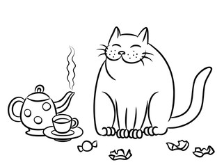 tea with the cat. vector illustration