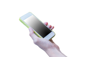 hand holding blank mobile smart phone isolated on white background