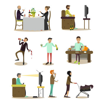 Vector flat icons of bad habits people set
