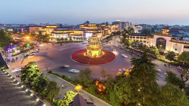 Time lapse of cityscape  of yangzhou,landmark  wen chang pavilion,from day  to night ,China.