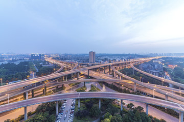 nanjing city interchange in nightfall, road junction of urban expressway background, China