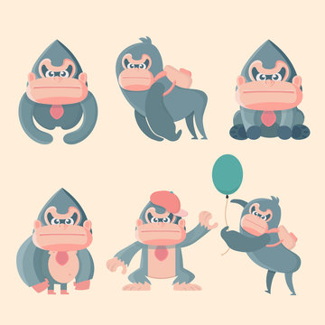 Gorilla set poses. Expression of Emotions monkey. 