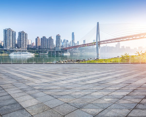 cityscape and skyline of chongqing in cloud sky on view from empty floor