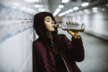 Homeless Alcoholism Woman Drinking Alcohol