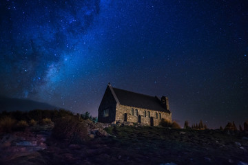 Milky way above Church of the Good Shepherd at Lake Tekapo New Zealand South Island.