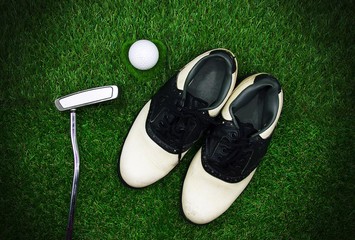 golf shoe and putter and golf ball are on green grass