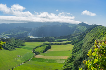 Green fields and lakes in Sete Cidades from Vista do Rei, Sao Miguel, Azores, Portugal