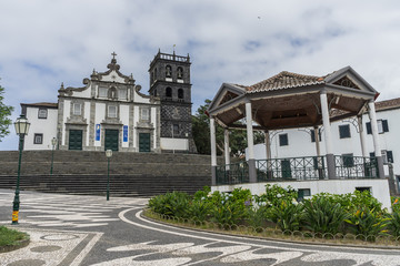 Square in Ribeira Grande with a typical portuguese church, Sao Miguel, Azores, Portugal