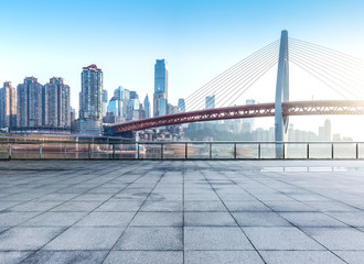cityscape and skyline of chongqing in cloud sky on view from empty floor