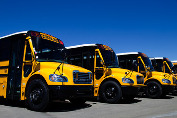 A row of brand new yellow school buses at a dealership. All markings and trademarks have been removed. © dakotastudios