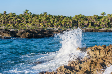 Caribbean sea waves crashing onto the iron shore of tropical costline in Mexico. Deserted Riviera Maya landscape with rough rocks, lush green palm trees and the ocean water.