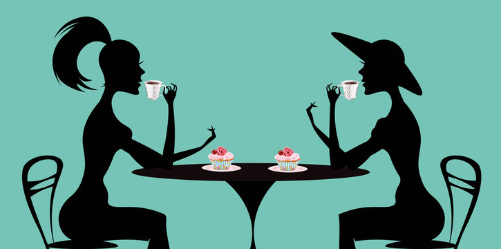 vector illustration with beautiful women sitting in cafe with cup of coffee and cupcakes 