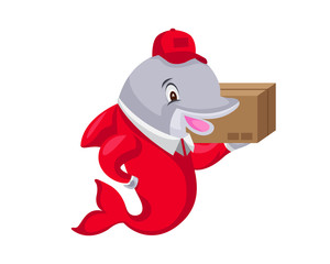 Fototapeta premium Cute Animal Illustration Suitable for Education, Card, T-Shirt, Social Media, Book, Stickers, Game and Any Other Kids Related Activities - Dolphin Delivery Courier