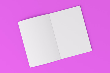 Blank white open brochure mock-up on violet background