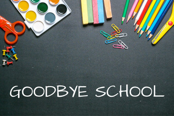 Fototapeta na wymiar goodbye school chalk text on black board