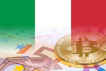 golden bitcoin metallic coin over euro banknotes with italy flag