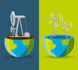flat landscape releated with windpower and fossil energy over planet, vector illustration