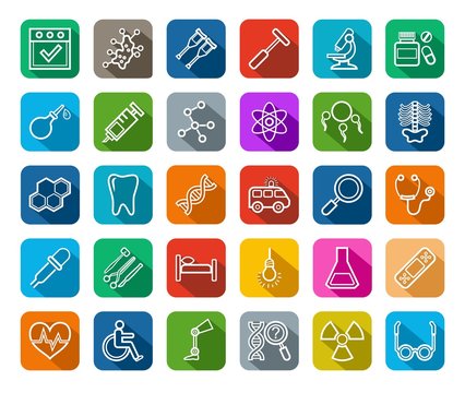 Icons for medicine vector.  Medical services specialization. The profession of doctors. Medical instruments. White line images on a colored background with a shadow.  