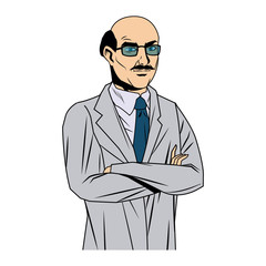 portrait of experienced male doctor with arms folded poising over blue background