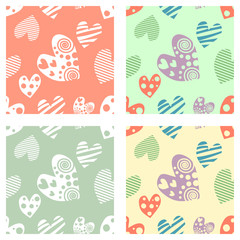 Set of seamless vector patterns with hearts. Background with hand drawn ornamental symbols. Template for wrapping, decor, surface, cards, backgrounds, textile, print. Decorative repeat ornament.
