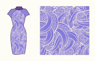 Dress mock-up with tentacles seamless pattern decoration.
